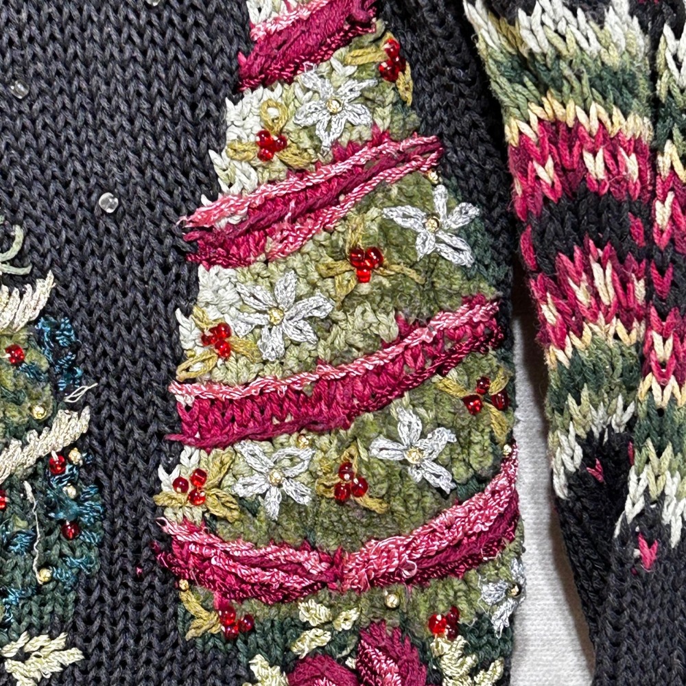 Stitches In Time Vintage Christmas Cardigan Black Floral Tree Beaded Mens M - Picture 4 of 11